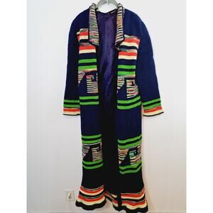 Vintage Homemade 70's Long Duster Sweater Blue Pattern Beautiful Partially Lined
